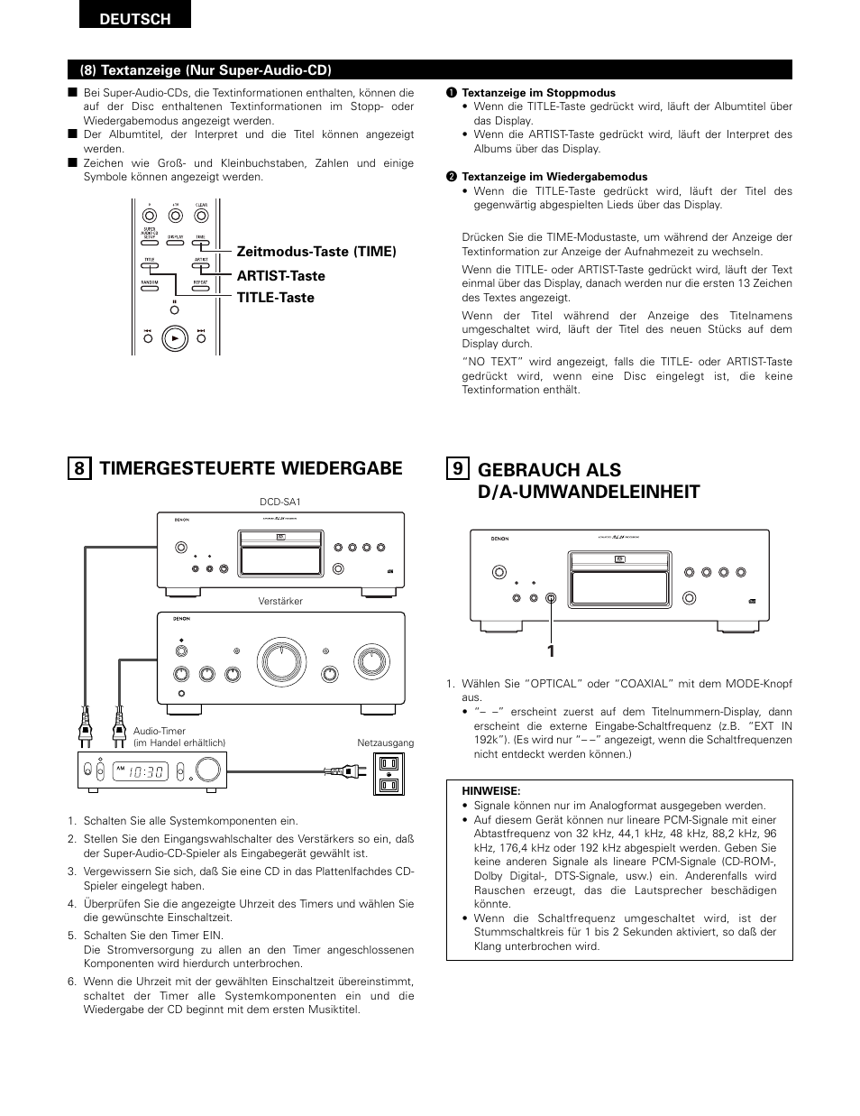 9 gebrauch als d/a-umwandeleinheit, 8 timergesteuerte wiedergabe | Technicolor - Thomson DCD-SA1 User Manual | Page 26 / 86