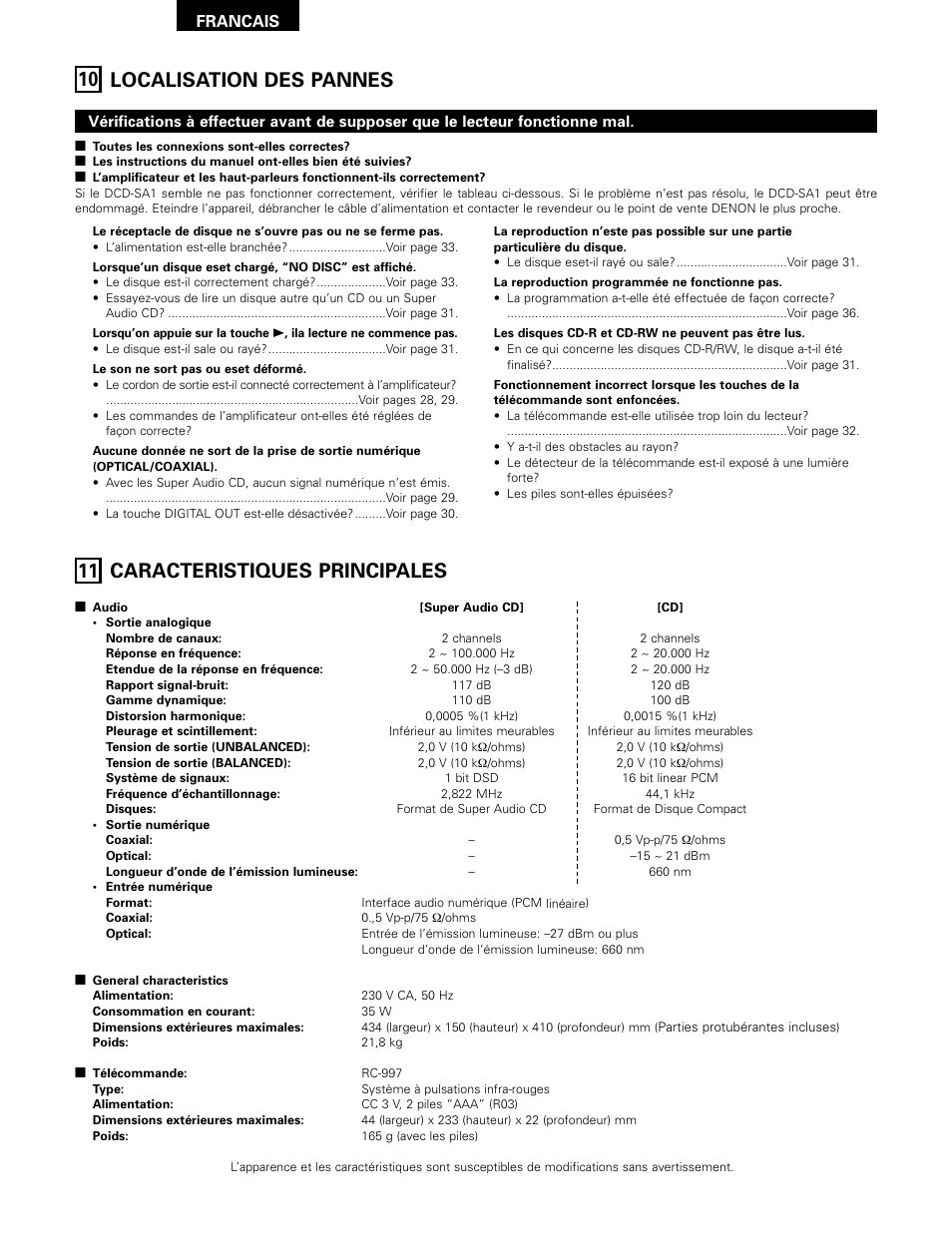 11 caracteristiques principales, 10 localisation des pannes, Francais | Technicolor - Thomson DCD-SA1 User Manual | Page 38 / 86