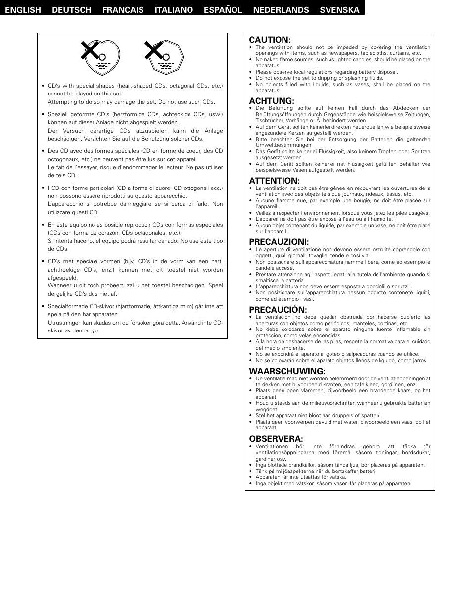 Caution, Achtung, Attention | Precauzioni, Precaución, Waarschuwing, Observera | Technicolor - Thomson DCD-SA1 User Manual | Page 4 / 86