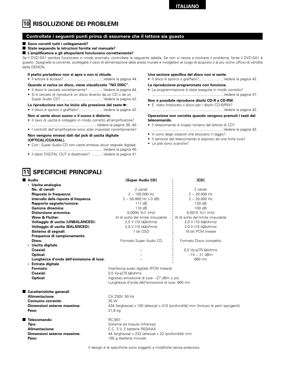 11 specifiche principali, 10 risoluzione dei problemi, Italiano | Technicolor - Thomson DCD-SA1 User Manual | Page 49 / 86
