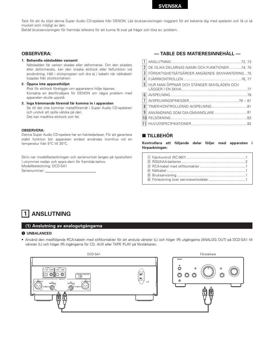 Svenska, 1 anslutning | Technicolor - Thomson DCD-SA1 User Manual | Page 72 / 86