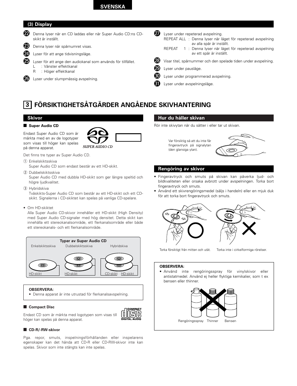 Stereo, 3 försiktighetsåtgärder angående skivhantering | Technicolor - Thomson DCD-SA1 User Manual | Page 75 / 86