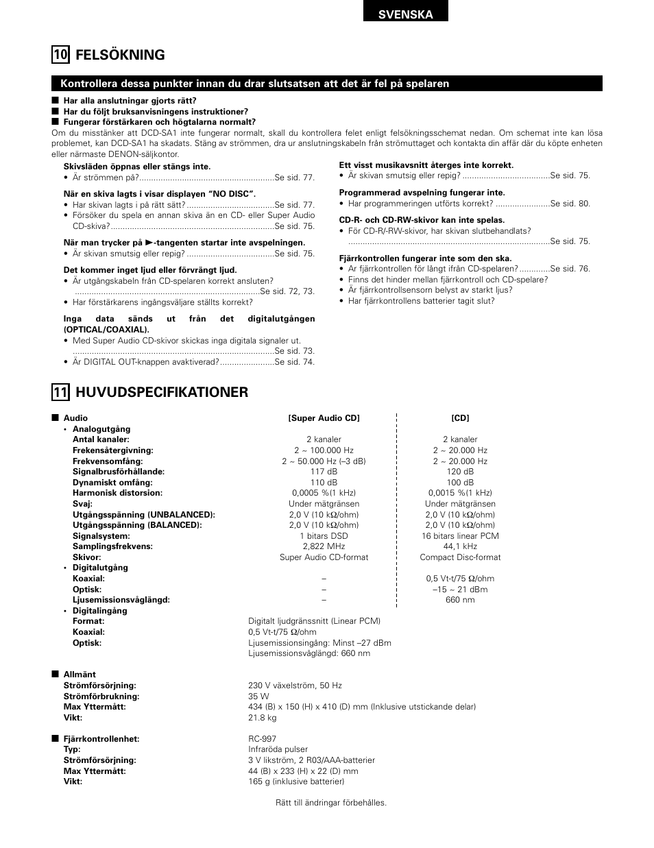 11 huvudspecifikationer, 10 felsökning, Svenska | Technicolor - Thomson DCD-SA1 User Manual | Page 82 / 86