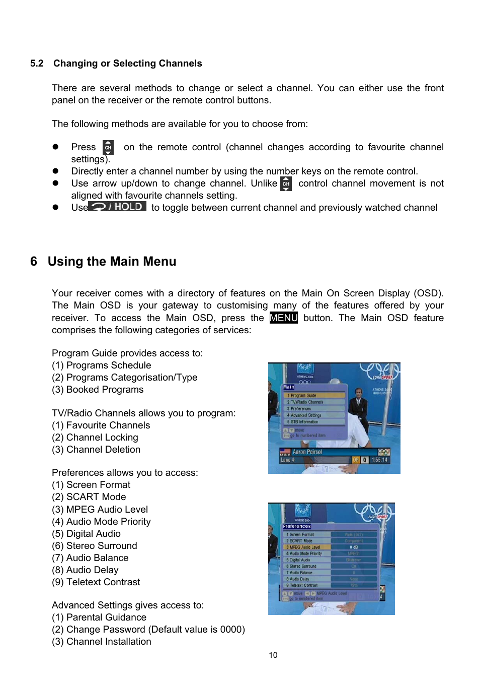 Changing or selecting channels, Using the main menu, 6 using the main menu | Technicolor - Thomson TU-SZT105A User Manual | Page 10 / 24