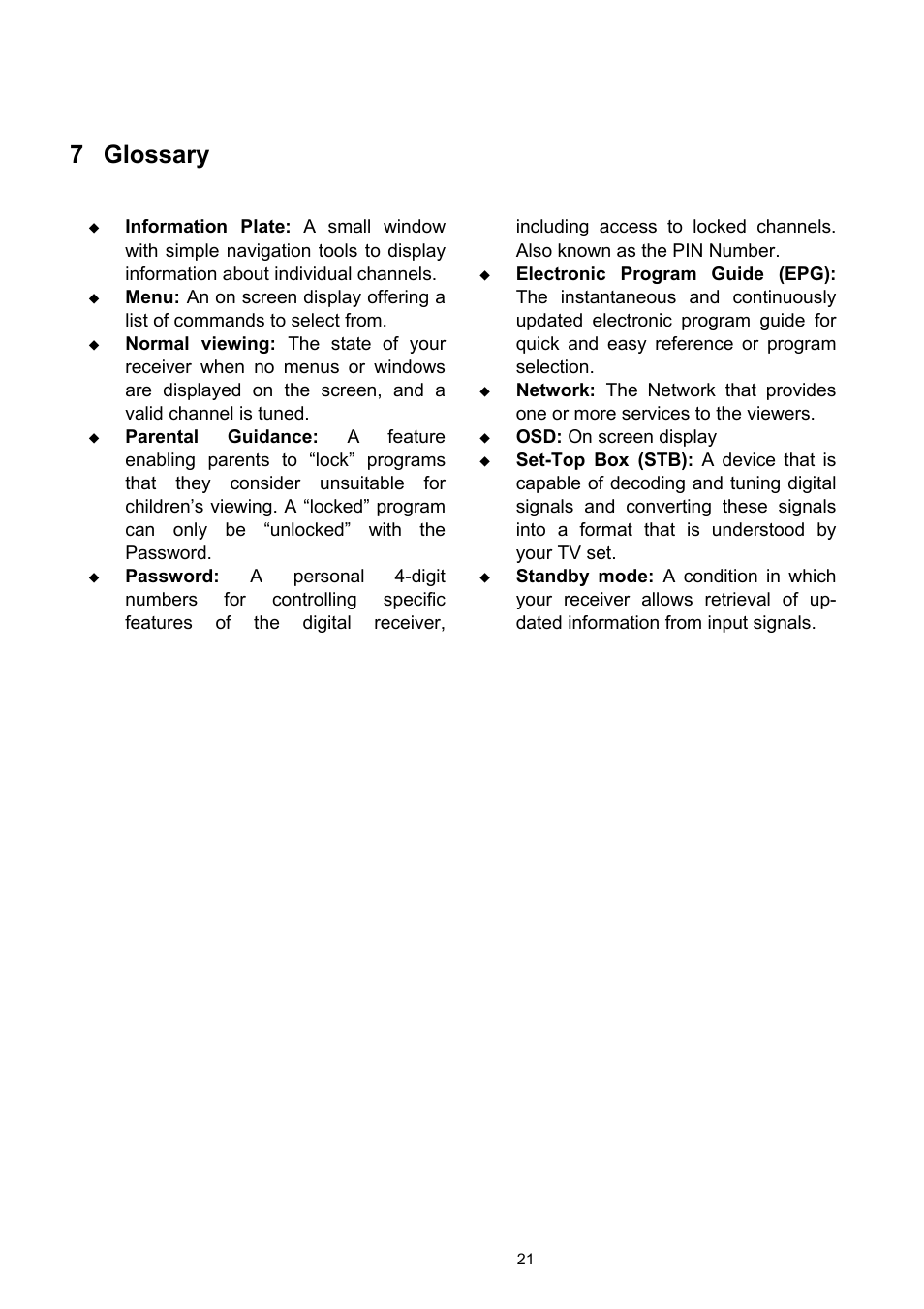 Glossary, 7 glossary, Osd: on screen display | Technicolor - Thomson TU-SZT105A User Manual | Page 21 / 24