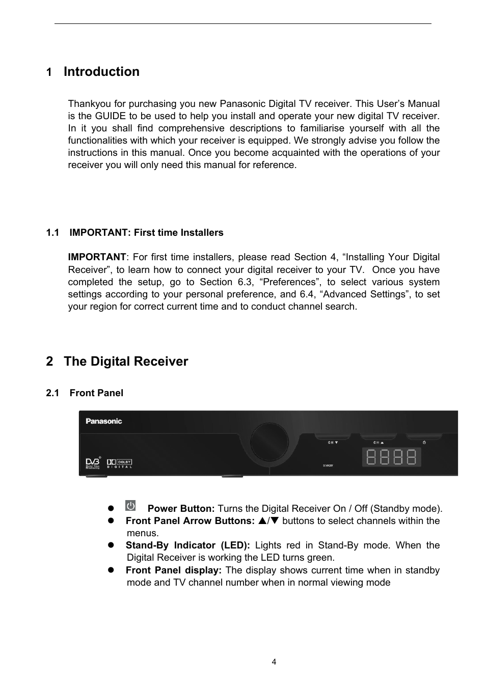 Introduction, Important: first time installers, The digital receiver | Front panel, 2 the digital receiver | Technicolor - Thomson TU-SZT105A User Manual | Page 4 / 24