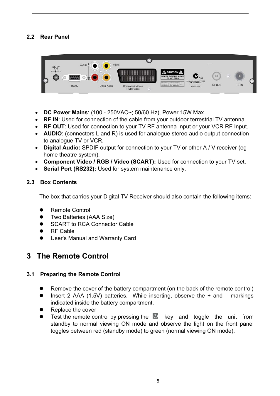 Rear panel, Box contents, The remote control | Preparing the remote control, 3 the remote control | Technicolor - Thomson TU-SZT105A User Manual | Page 5 / 24