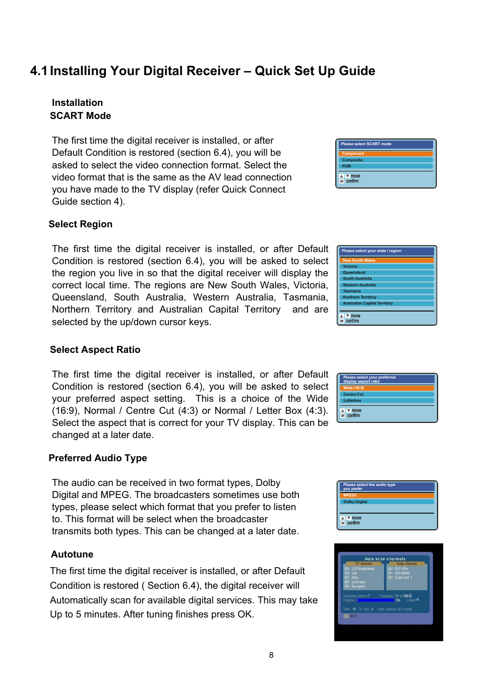 Installing your digital receiver – quick set up g, Select region, Preferred audio type | Autotune | Technicolor - Thomson TU-SZT105A User Manual | Page 8 / 24