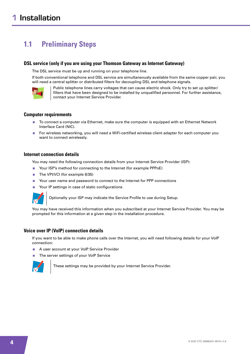 1 preliminary steps, Computer requirements, Internet connection details | Voice over ip (voip) connection details, Preliminary steps, 1installation 1.1 preliminary steps | Technicolor - Thomson TG784 User Manual | Page 10 / 86