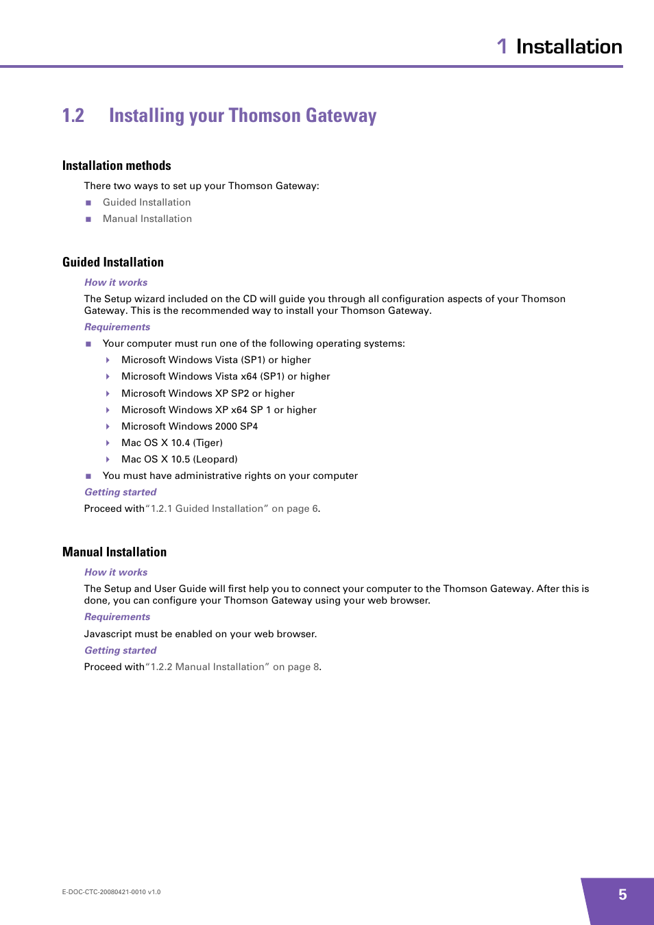 2 installing your thomson gateway, Installation methods, Guided installation | Manual installation, Installing your thomson gateway, 1installation 1.2 installing your thomson gateway | Technicolor - Thomson TG784 User Manual | Page 11 / 86