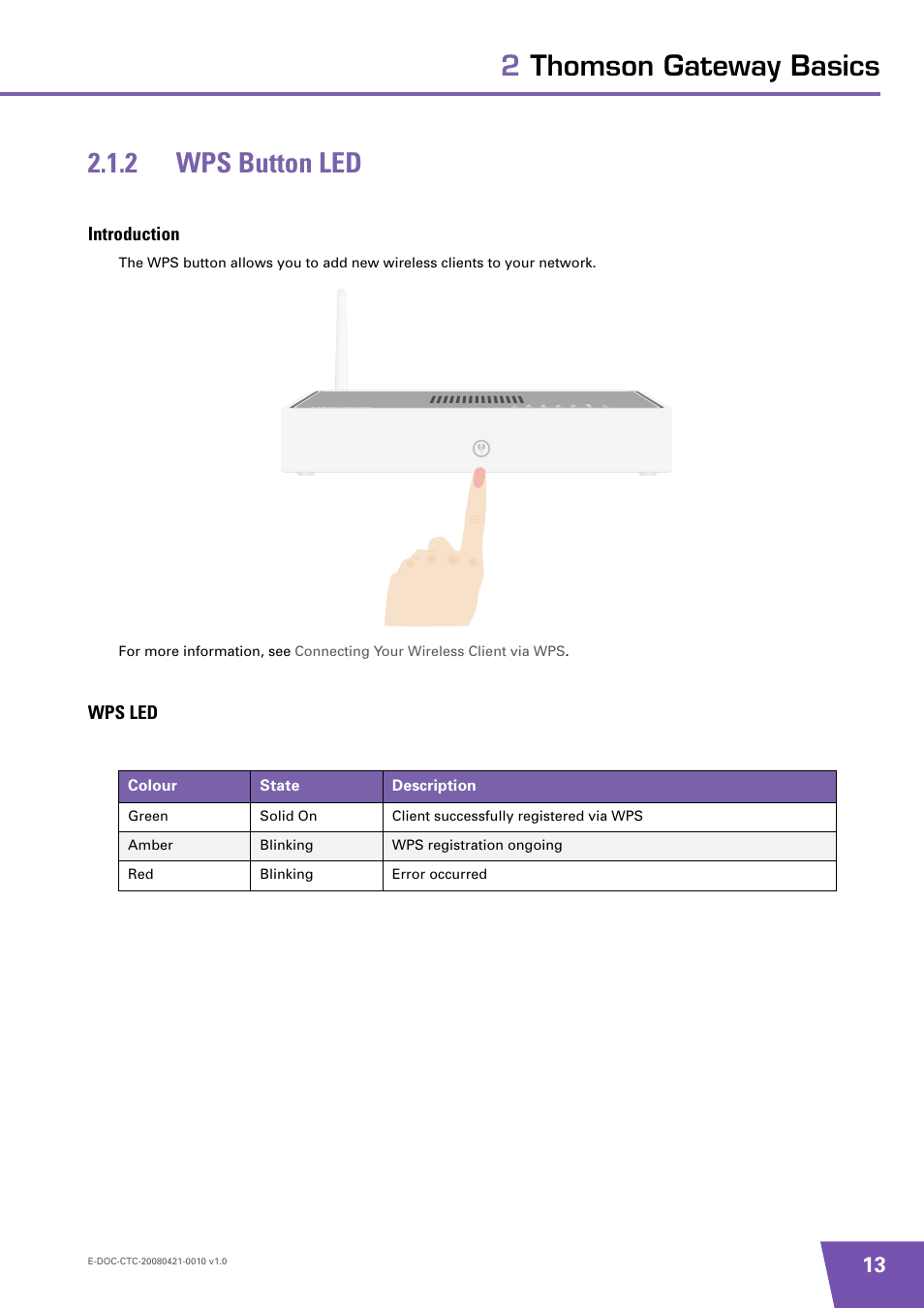 2 wps button led, Introduction, Wps led | Wps button led, 2thomson gateway basics 2.1.2 wps button led | Technicolor - Thomson TG784 User Manual | Page 19 / 86