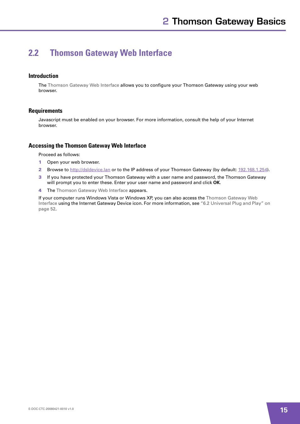 2 thomson gateway web interface, Introduction, Requirements | Accessing the thomson gateway web interface, Thomson gateway web interface, To go to the, Thomson gateway web, Interface, On the | Technicolor - Thomson TG784 User Manual | Page 21 / 86