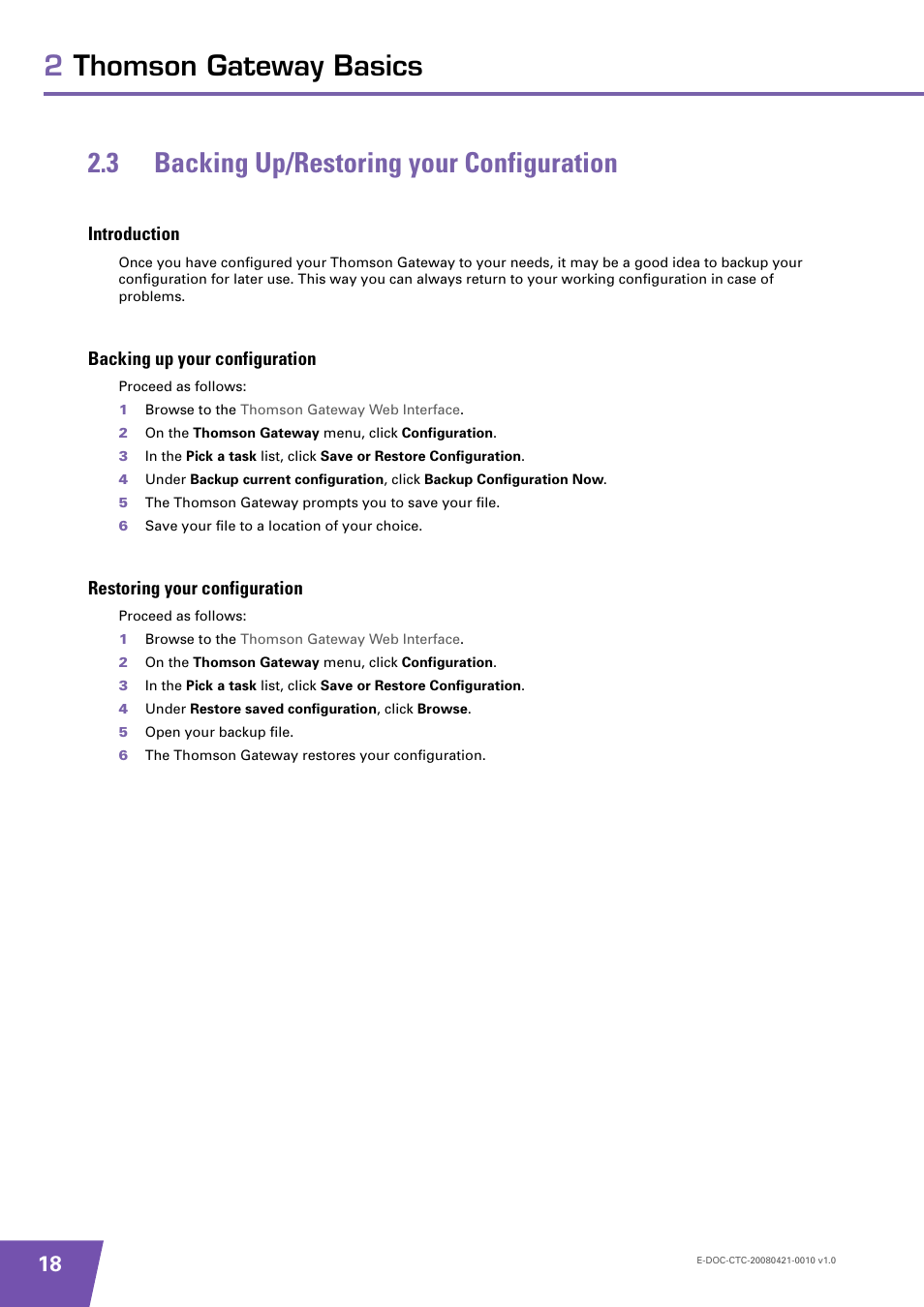 3 backing up/restoring your configuration, Introduction, Backing up your configuration | Restoring your configuration, Backing up/restoring your configuration | Technicolor - Thomson TG784 User Manual | Page 24 / 86