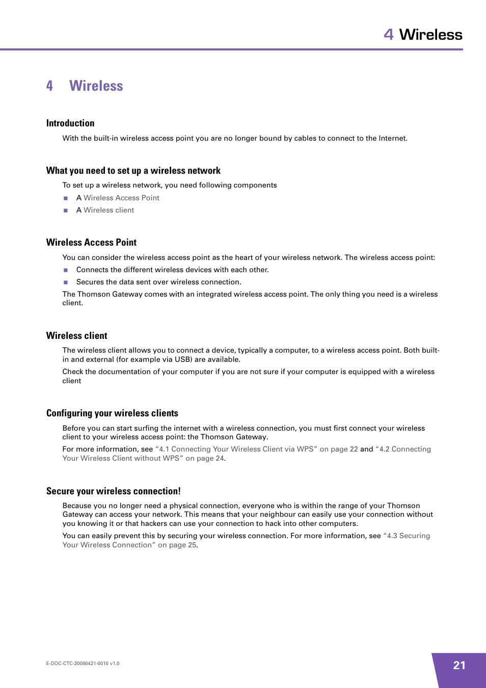 4 wireless, Introduction, What you need to set up a wireless network | Wireless access point, Wireless client, Configuring your wireless clients, Secure your wireless connection, Wireless, 4wireless 4 wireless | Technicolor - Thomson TG784 User Manual | Page 27 / 86