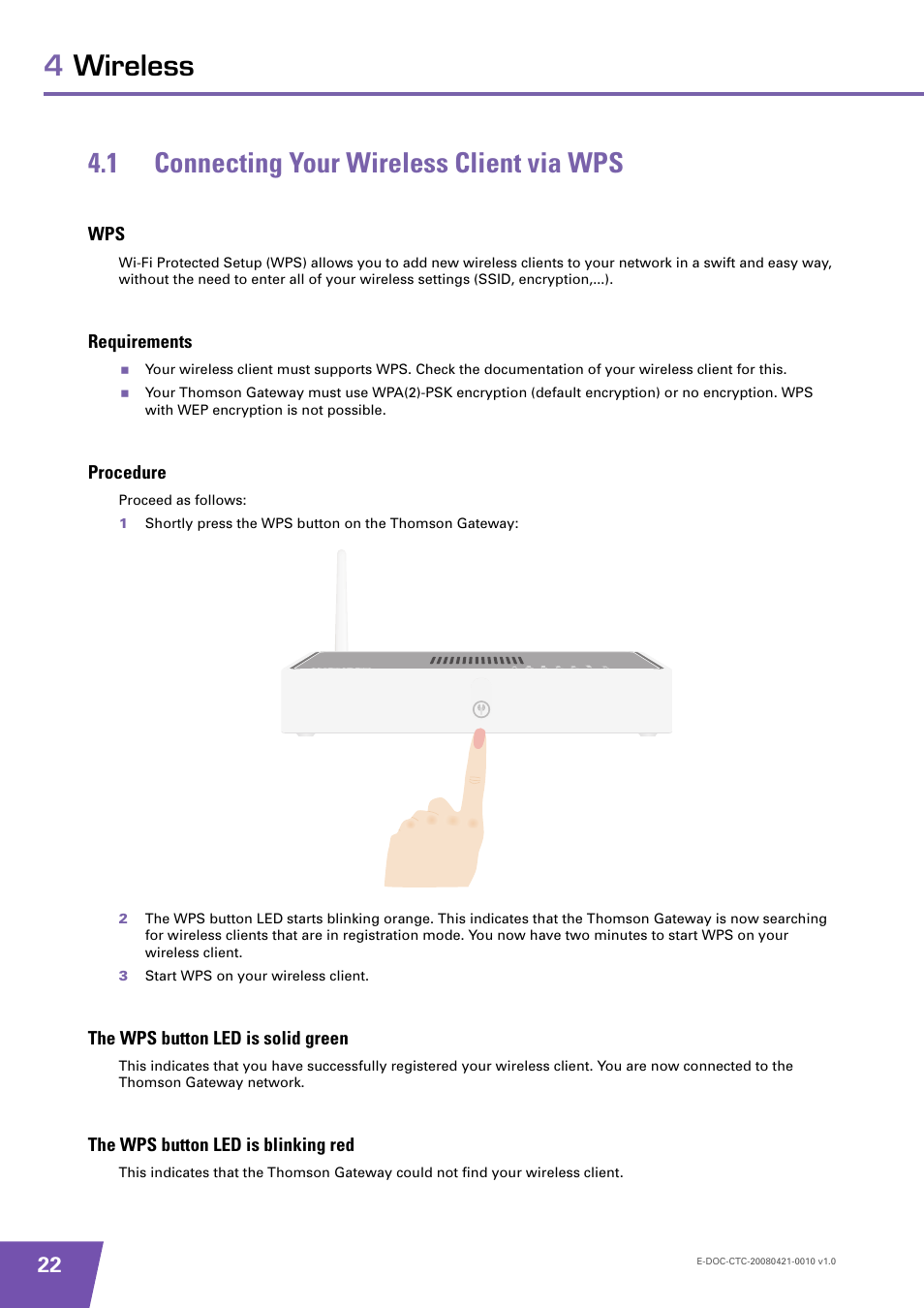 1 connecting your wireless client via wps, Requirements, Procedure | The wps button led is solid green, The wps button led is blinking red, Connecting your wireless client via wps, Information, see | Technicolor - Thomson TG784 User Manual | Page 28 / 86