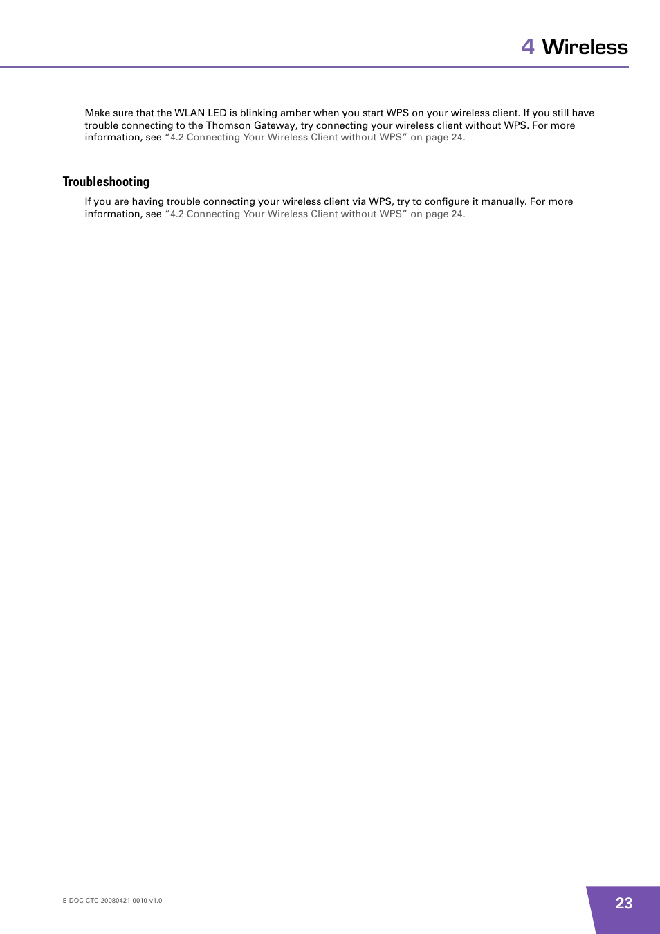 Troubleshooting, 4wireless | Technicolor - Thomson TG784 User Manual | Page 29 / 86