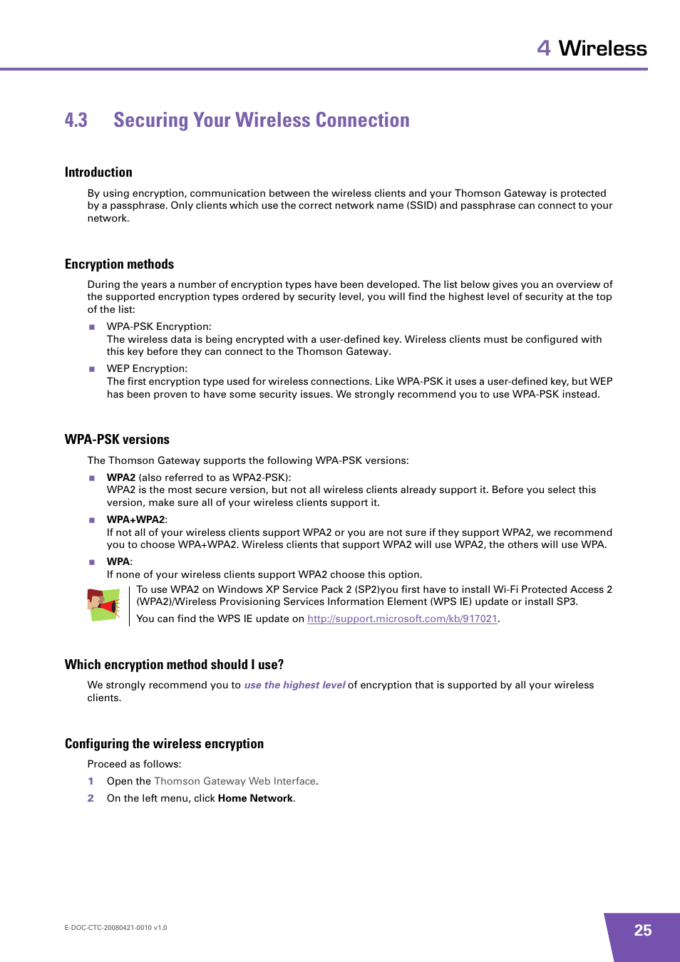 3 securing your wireless connection, Introduction, Encryption methods | Wpa-psk versions, Which encryption method should i use, Configuring the wireless encryption, Securing your wireless connection, 3 securing, 4wireless 4.3 securing your wireless connection | Technicolor - Thomson TG784 User Manual | Page 31 / 86