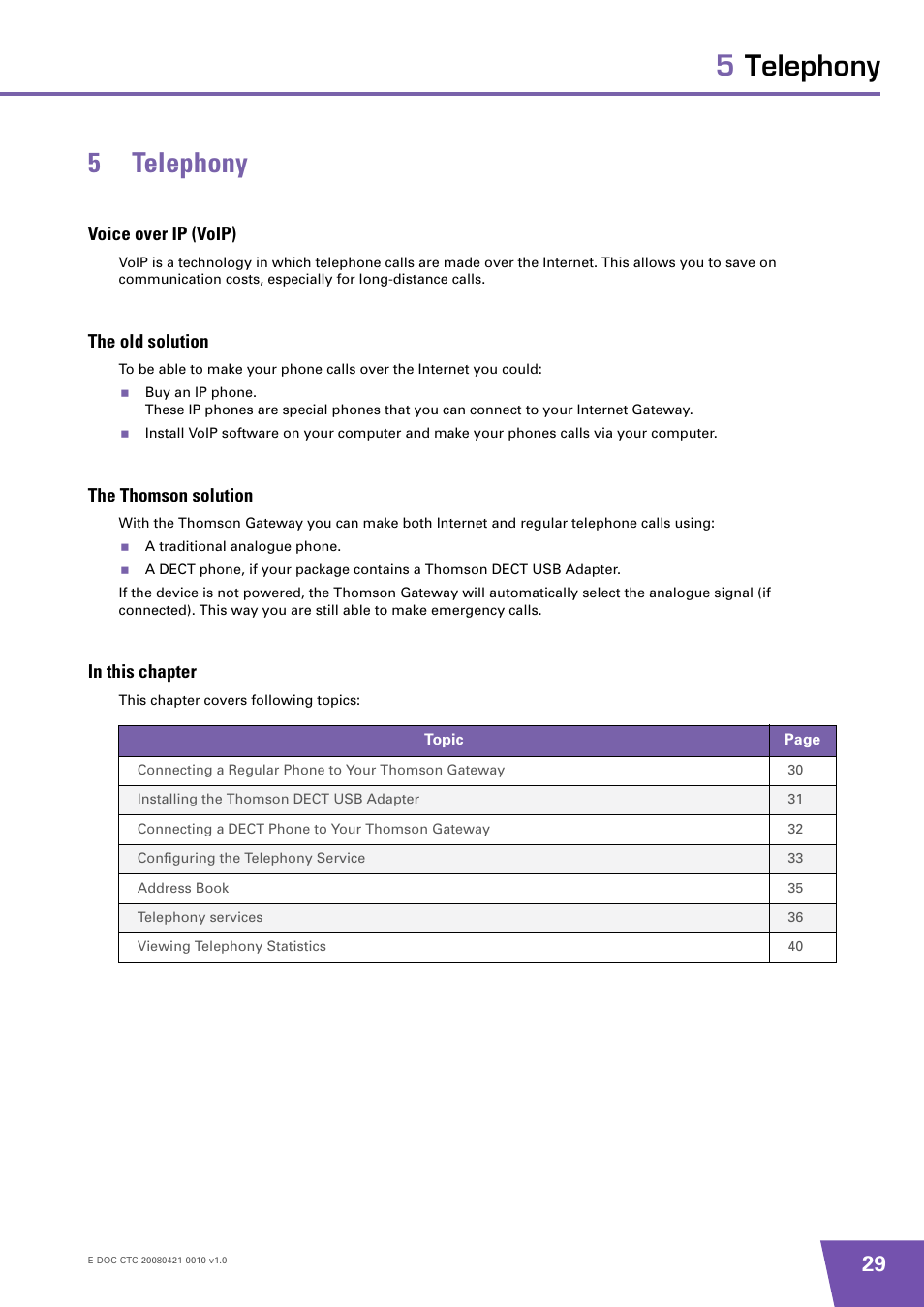 5 telephony, Voice over ip (voip), The old solution | The thomson solution, In this chapter, Telephony, 5telephony 5 telephony | Technicolor - Thomson TG784 User Manual | Page 35 / 86