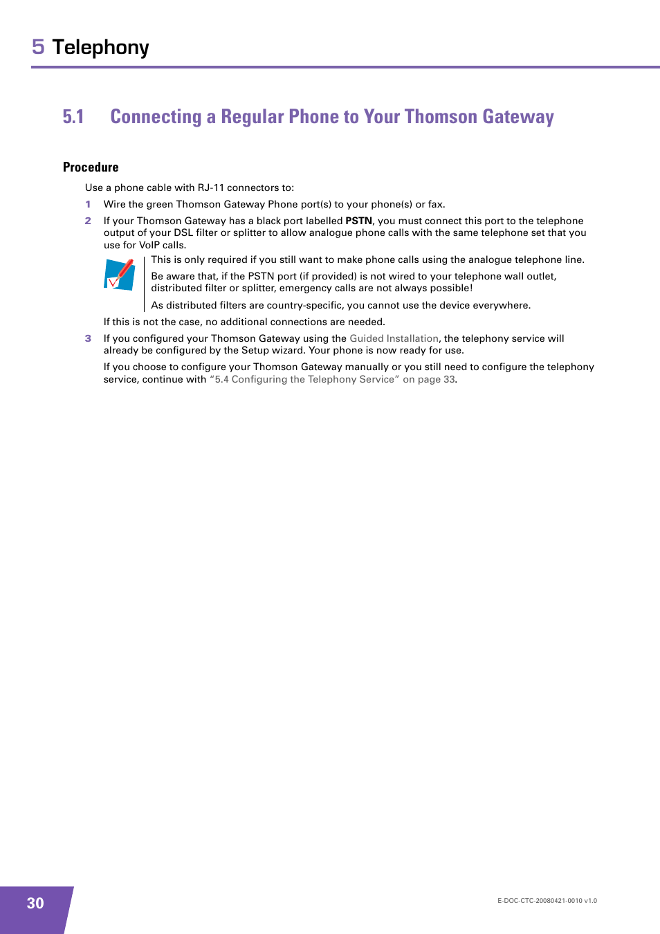 Procedure, Connecting a regular phone to your thomson gateway | Technicolor - Thomson TG784 User Manual | Page 36 / 86