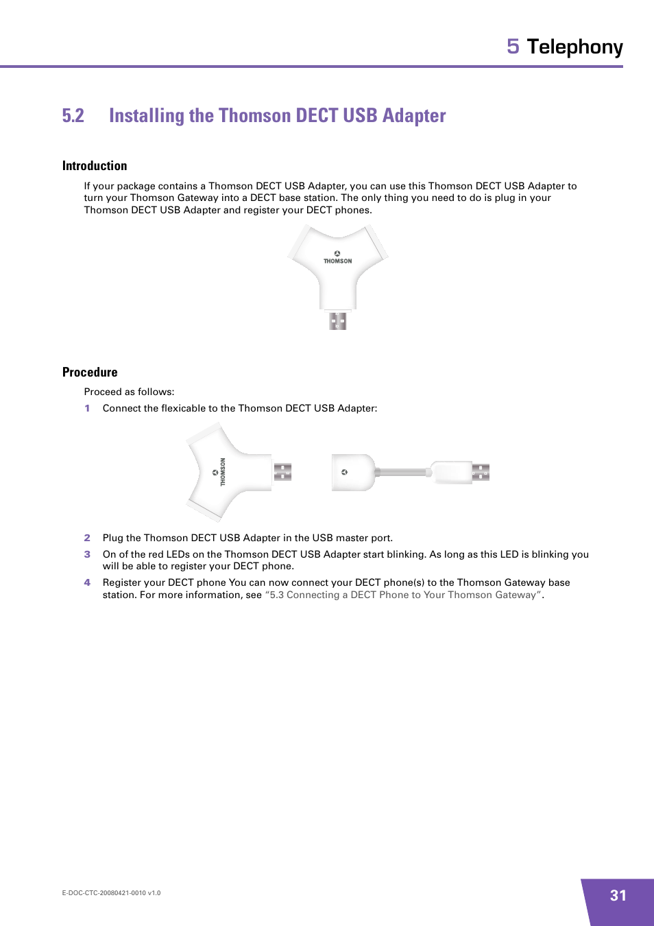 2 installing the thomson dect usb adapter, Introduction, Procedure | Installing the thomson dect usb adapter | Technicolor - Thomson TG784 User Manual | Page 37 / 86