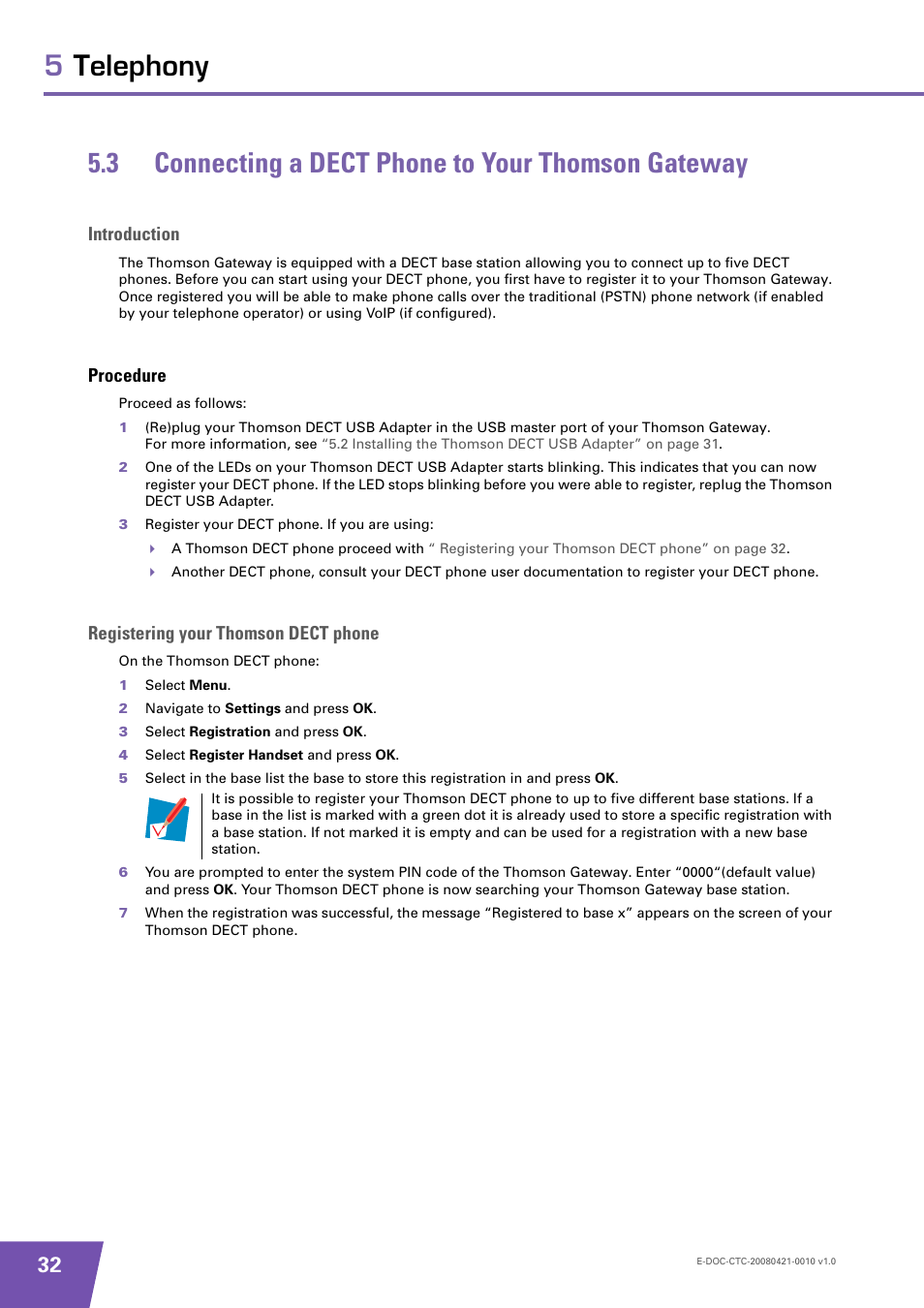 3 connecting a dect phone to your thomson gateway, Introduction, Procedure | Registering your thomson dect phone, Connecting a dect phone to your thomson gateway | Technicolor - Thomson TG784 User Manual | Page 38 / 86