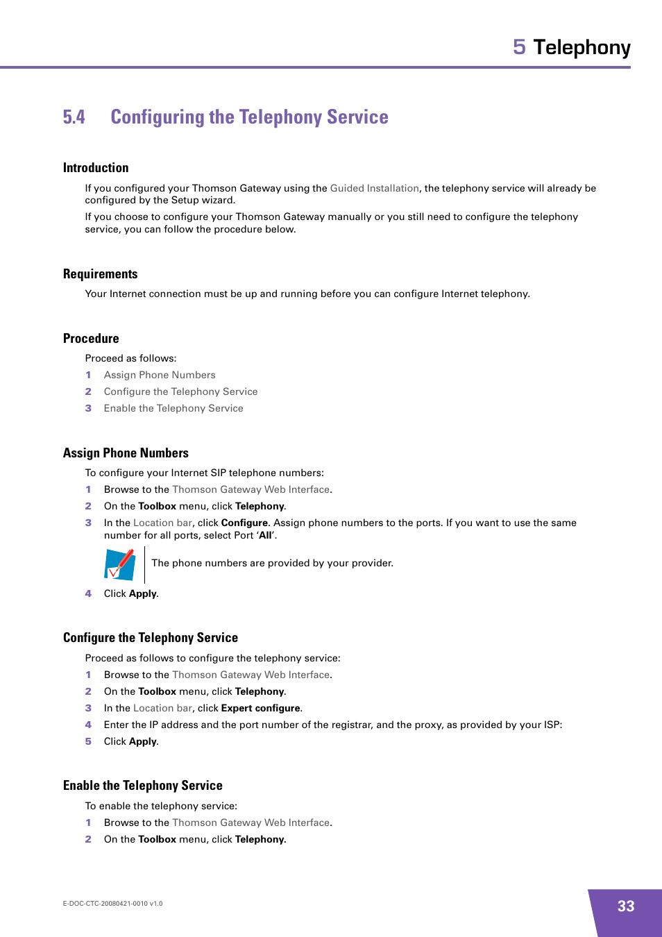 4 configuring the telephony service, Introduction, Requirements | Procedure, Assign phone numbers, Configure the telephony service, Enable the telephony service, Configuring the telephony service, 5telephony 5.4 configuring the telephony service | Technicolor - Thomson TG784 User Manual | Page 39 / 86