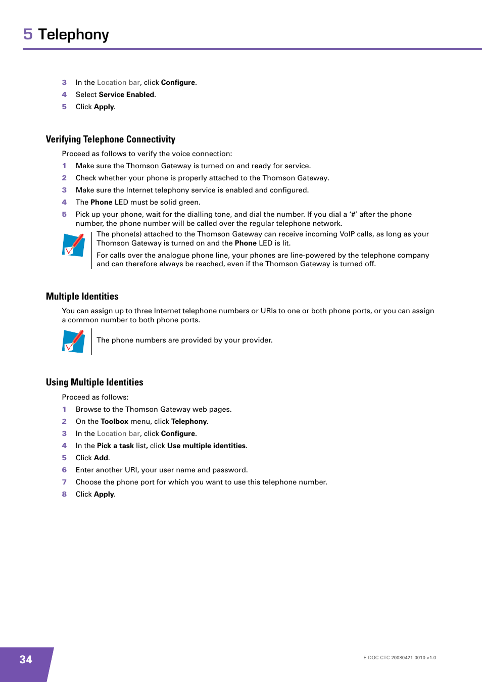 Verifying telephone connectivity, Multiple identities, Using multiple identities | 5telephony | Technicolor - Thomson TG784 User Manual | Page 40 / 86