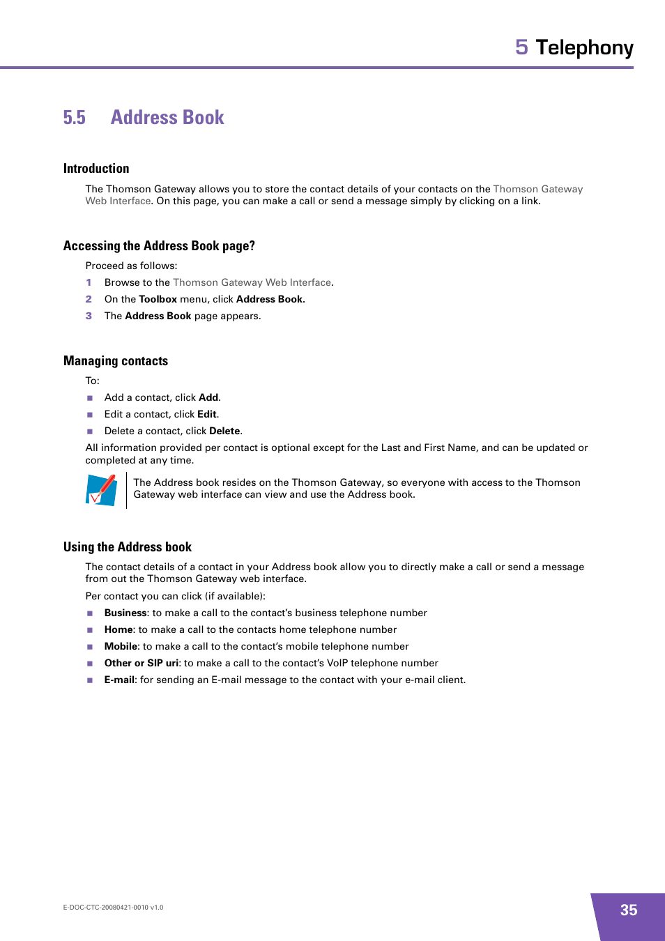 5 address book, Introduction, Managing contacts | Using the address book, Address book, 5telephony 5.5 address book, Accessing the address book page | Technicolor - Thomson TG784 User Manual | Page 41 / 86