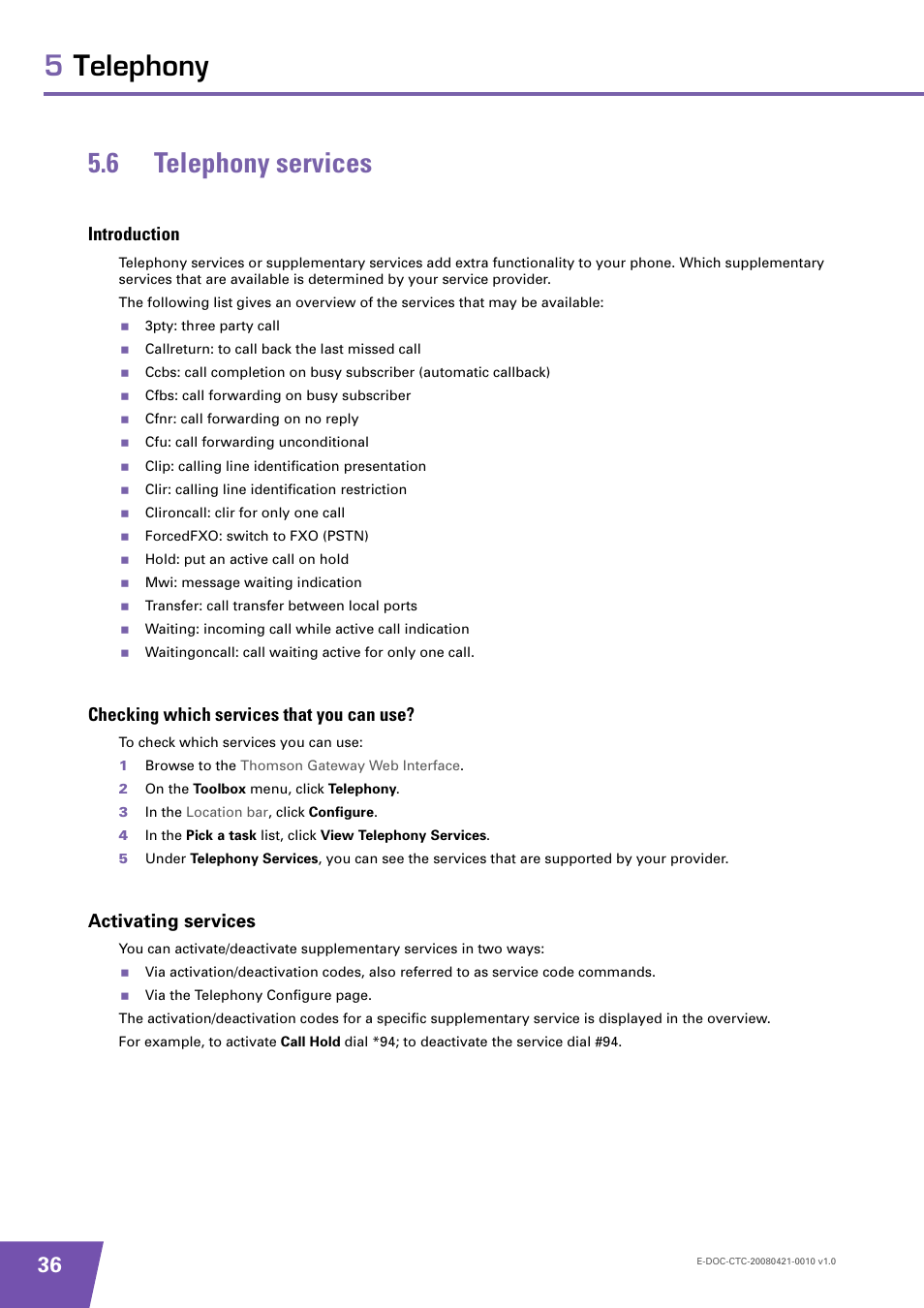 6 telephony services, Introduction, Checking which services that you can use | Activating services, Telephony services, 5telephony 5.6 telephony services | Technicolor - Thomson TG784 User Manual | Page 42 / 86