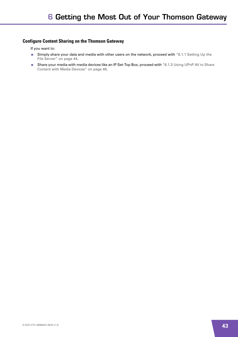 Configure content sharing on the thomson gateway, 6getting the most out of your thomson gateway | Technicolor - Thomson TG784 User Manual | Page 49 / 86