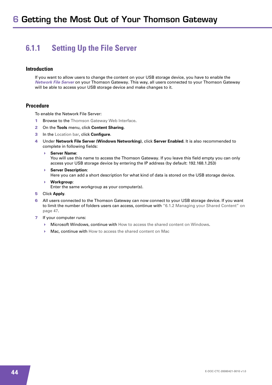 1 setting up the file server, Introduction, Procedure | Setting up the file server, 1 setting up the | Technicolor - Thomson TG784 User Manual | Page 50 / 86