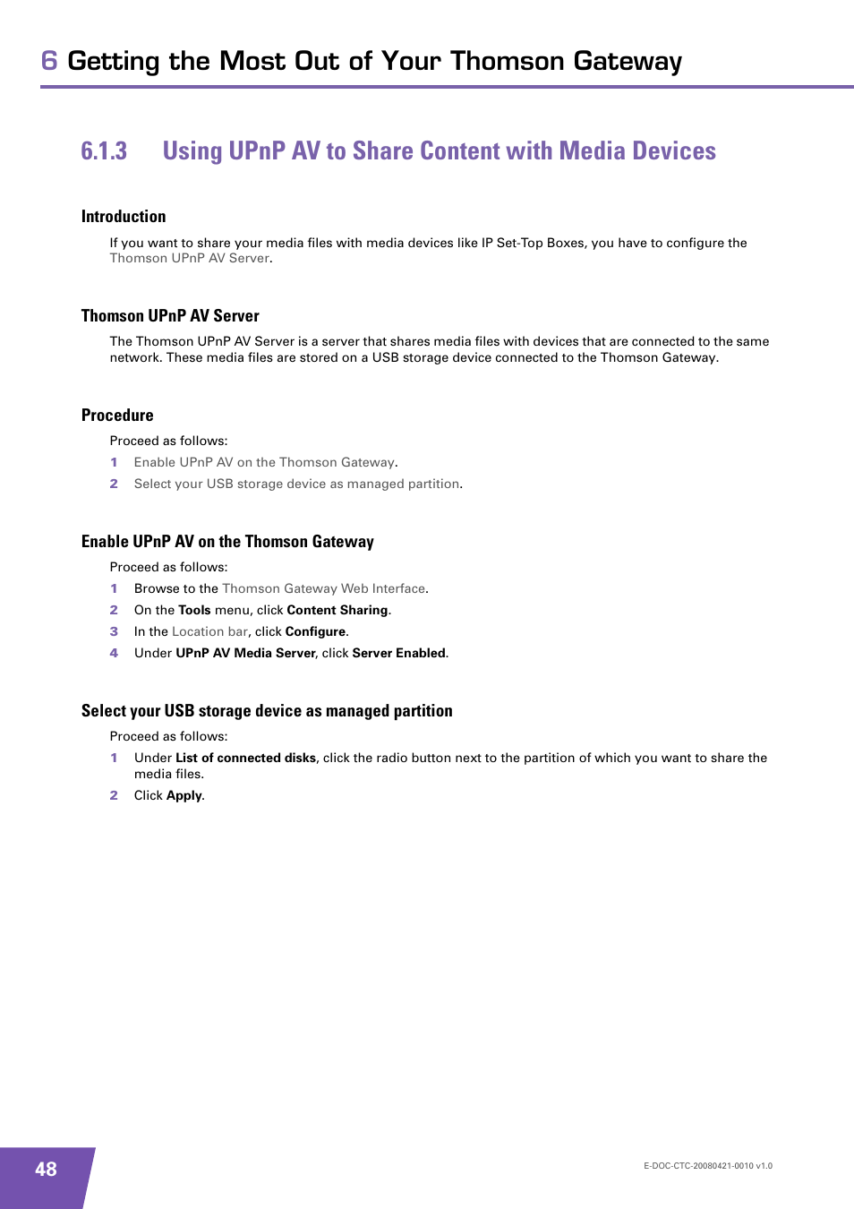 Introduction, Thomson upnp av server, Procedure | Enable upnp av on the thomson gateway, Using upnp av to share content with media devices, 3 using upnp av to share | Technicolor - Thomson TG784 User Manual | Page 54 / 86