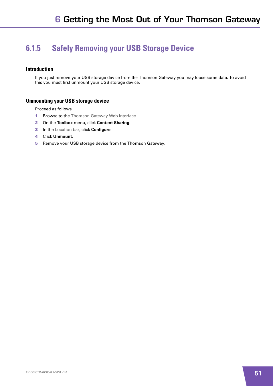 5 safely removing your usb storage device, Introduction, Unmounting your usb storage device | Safely removing your usb storage device, 5 safely removing your usb storage device” on | Technicolor - Thomson TG784 User Manual | Page 57 / 86