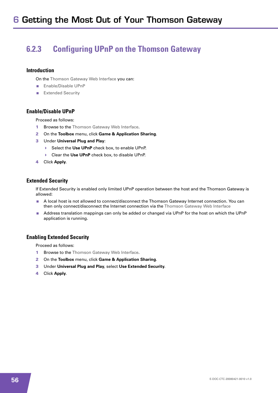 3 configuring upnp on the thomson gateway, Introduction, Enable/disable upnp | Extended security, Enabling extended security, Configuring upnp on the thomson gateway | Technicolor - Thomson TG784 User Manual | Page 62 / 86