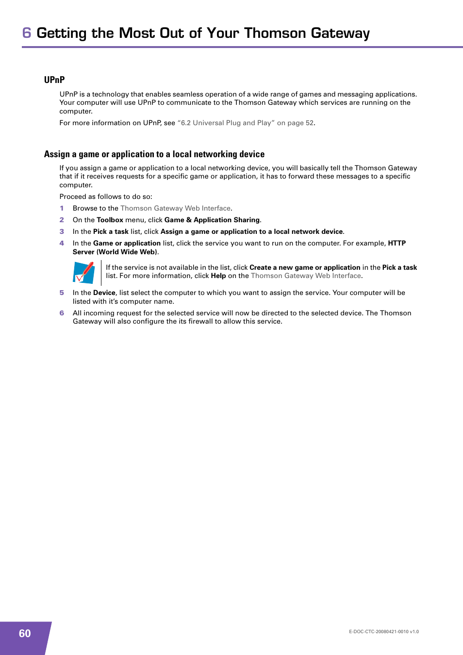 Upnp, 6getting the most out of your thomson gateway | Technicolor - Thomson TG784 User Manual | Page 66 / 86