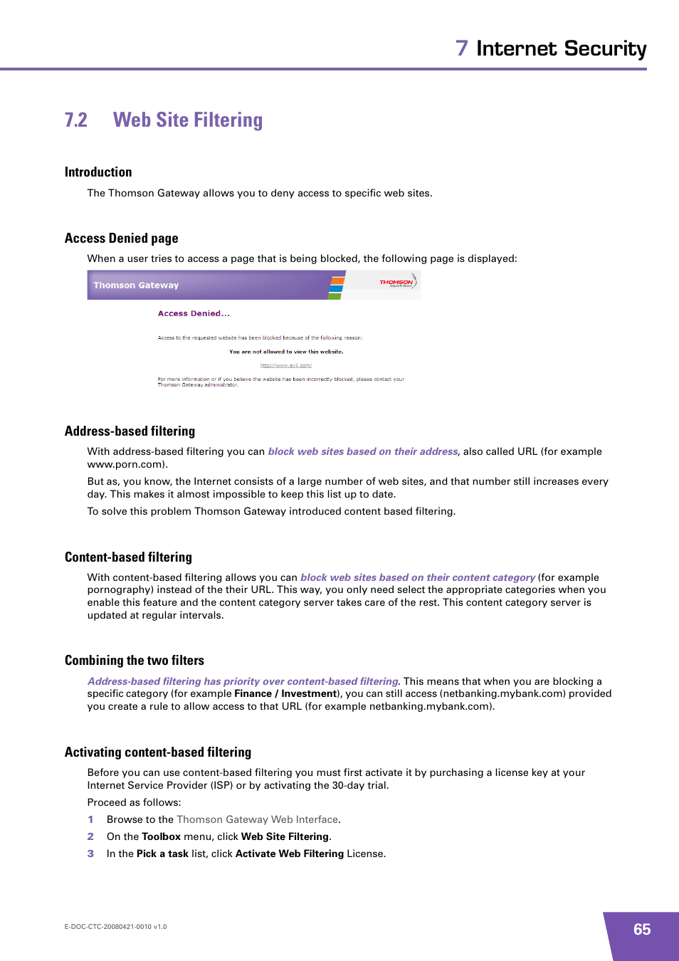 2 web site filtering, Introduction, Address-based filtering | Content-based filtering, Combining the two filters, Activating content-based filtering, Web site filtering, 7internet security 7.2 web site filtering | Technicolor - Thomson TG784 User Manual | Page 71 / 86