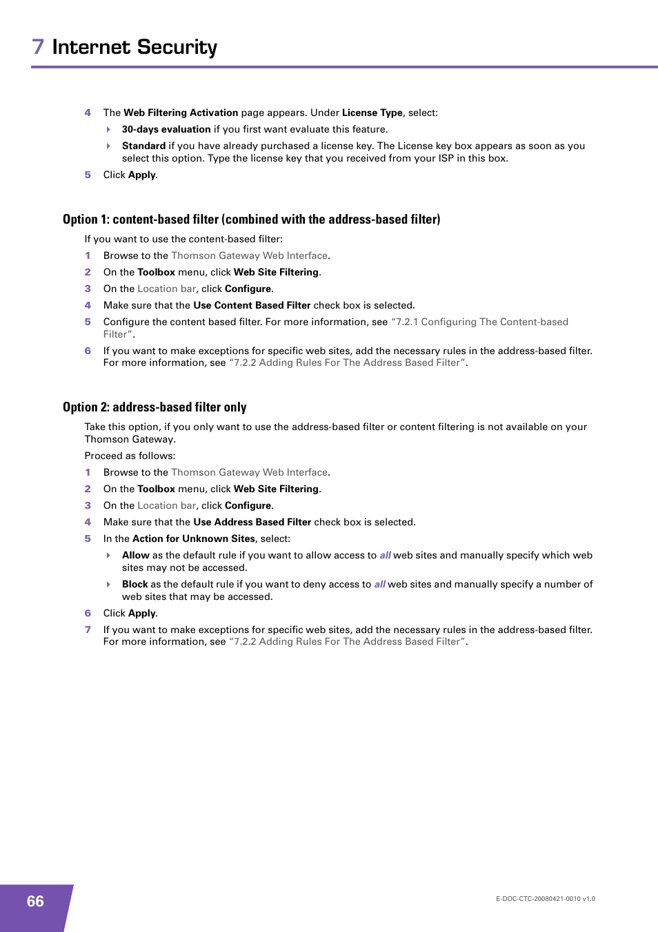 Option 2: address-based filter only, 7internet security | Technicolor - Thomson TG784 User Manual | Page 72 / 86