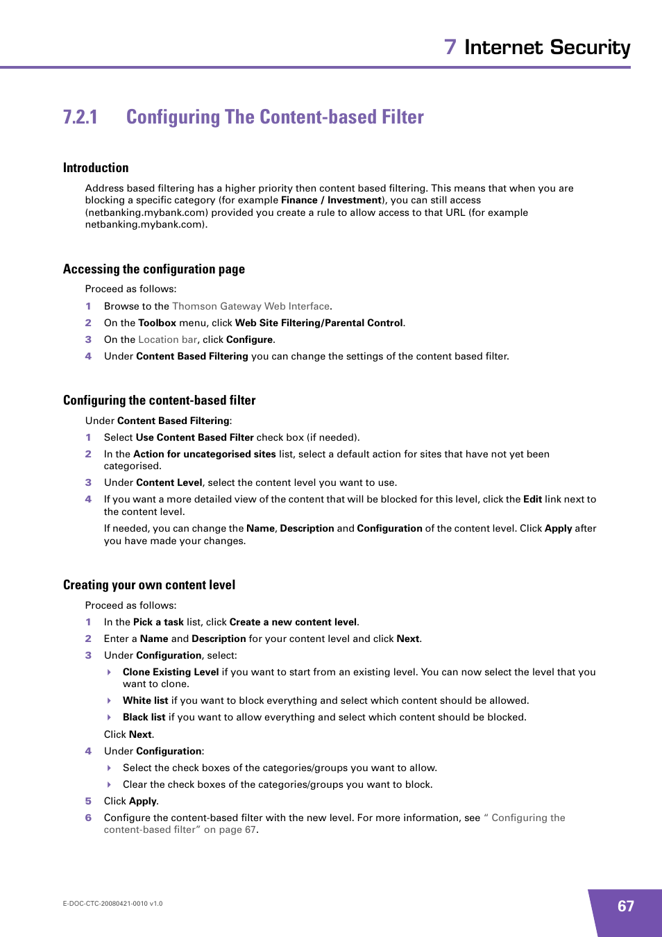 1 configuring the content-based filter, Introduction, Configuring the content-based filter | Creating your own content level, 1 configuring the content-based, Filter, Accessing the configuration page | Technicolor - Thomson TG784 User Manual | Page 73 / 86