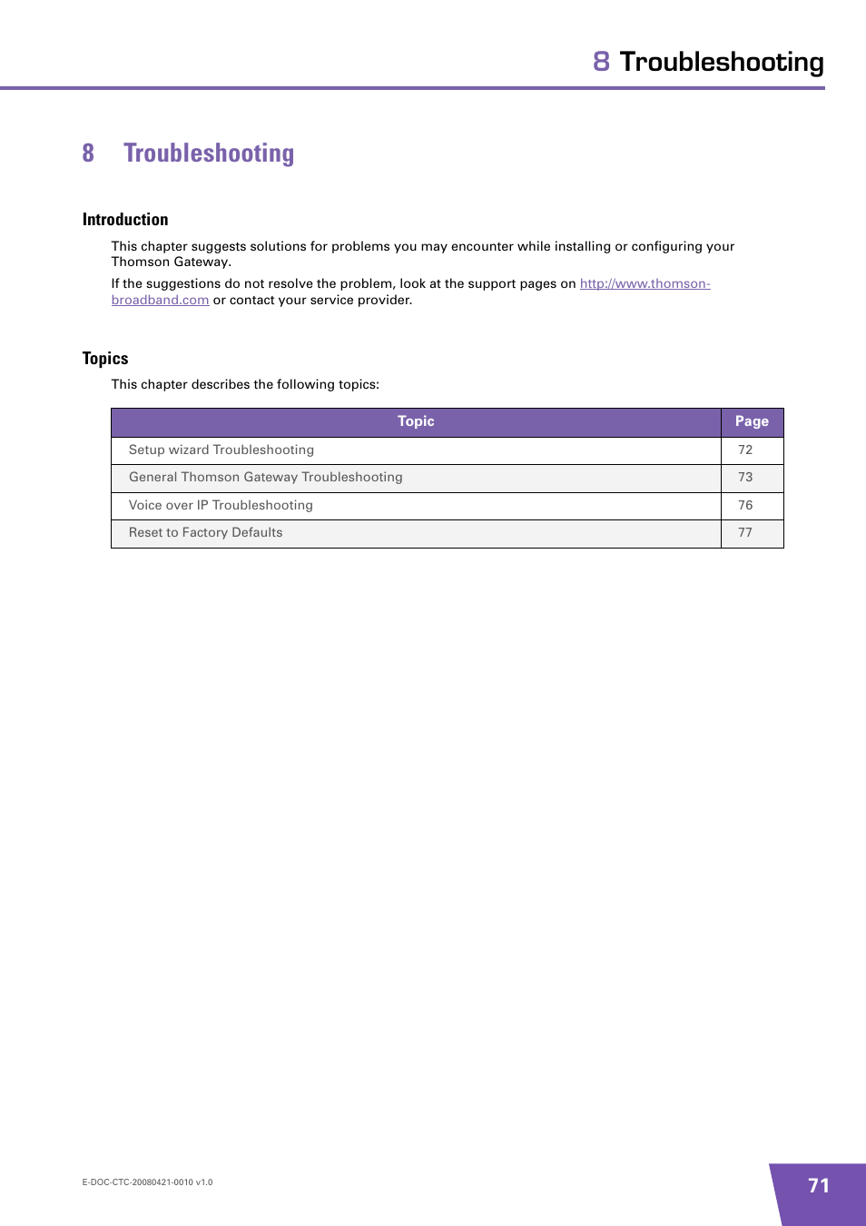 8 troubleshooting, Introduction, Topics | Troubleshooting, 8troubleshooting 8 troubleshooting | Technicolor - Thomson TG784 User Manual | Page 77 / 86