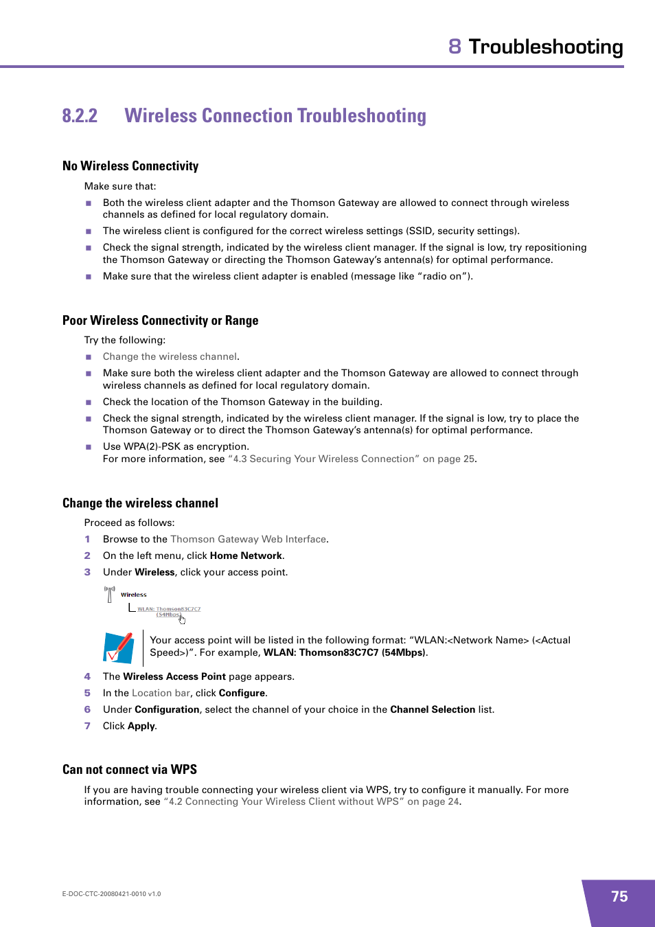 2 wireless connection troubleshooting, No wireless connectivity, Poor wireless connectivity or range | Change the wireless channel, Can not connect via wps, Wireless connection troubleshooting | Technicolor - Thomson TG784 User Manual | Page 81 / 86