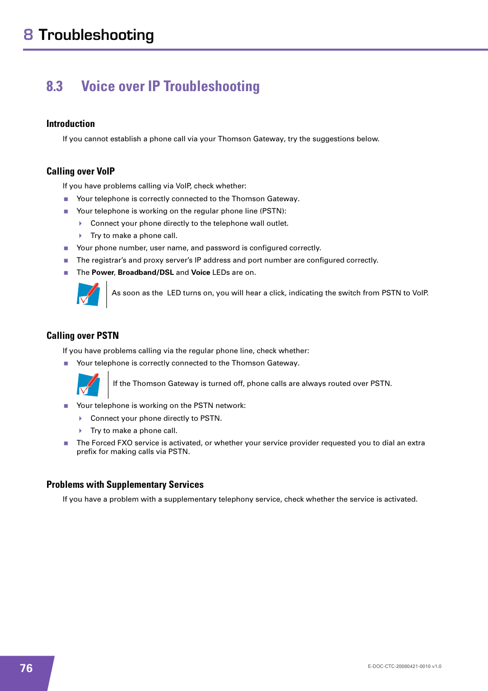 3 voice over ip troubleshooting, Introduction, Calling over voip | Calling over pstn, Problems with supplementary services, Voice over ip troubleshooting, 8troubleshooting 8.3 voice over ip troubleshooting | Technicolor - Thomson TG784 User Manual | Page 82 / 86