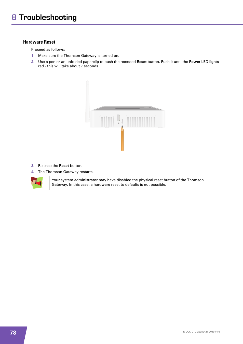 Hardware reset, 8troubleshooting | Technicolor - Thomson TG784 User Manual | Page 84 / 86