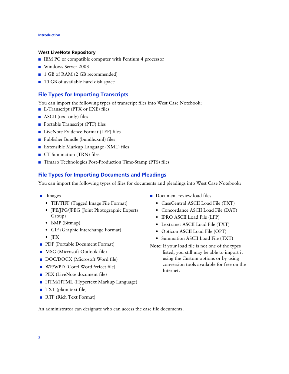 West livenote repository, File types for importing transcripts, File types for importing documents and pleadings | Technicolor - Thomson West Case Notebook User Manual | Page 10 / 80
