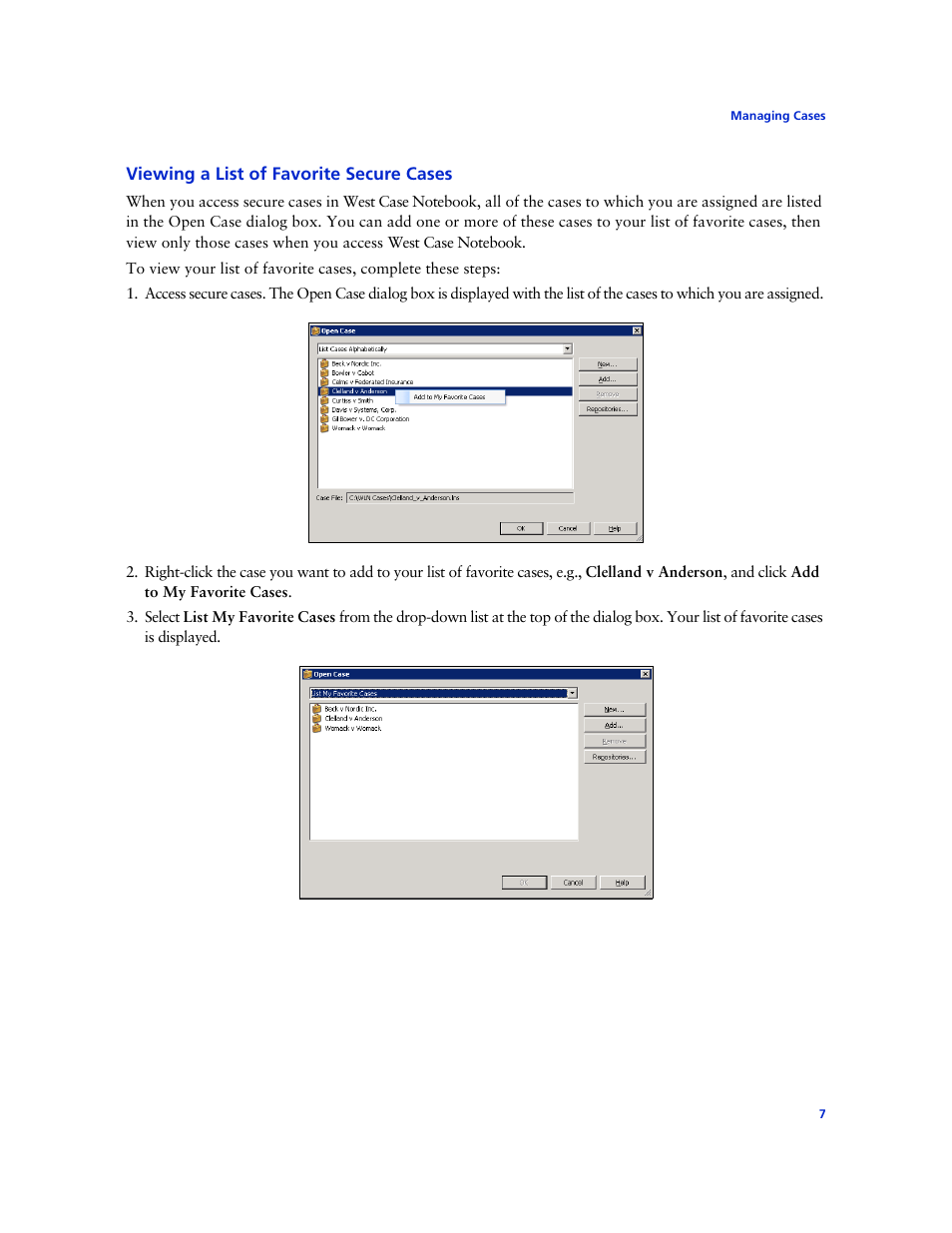 Viewing a list of favorite secure cases | Technicolor - Thomson West Case Notebook User Manual | Page 15 / 80
