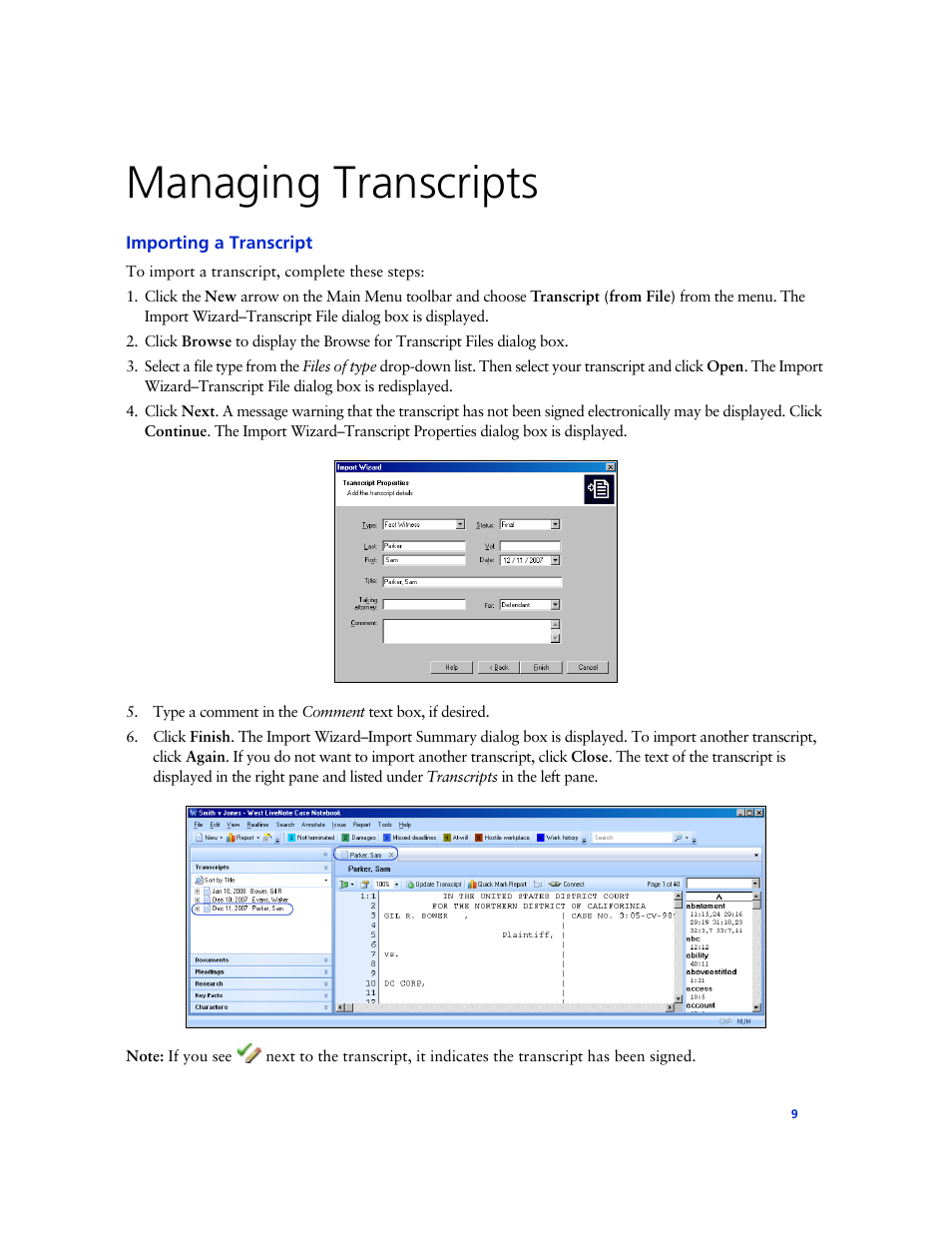 Managing transcripts, Importing a transcript | Technicolor - Thomson West Case Notebook User Manual | Page 17 / 80
