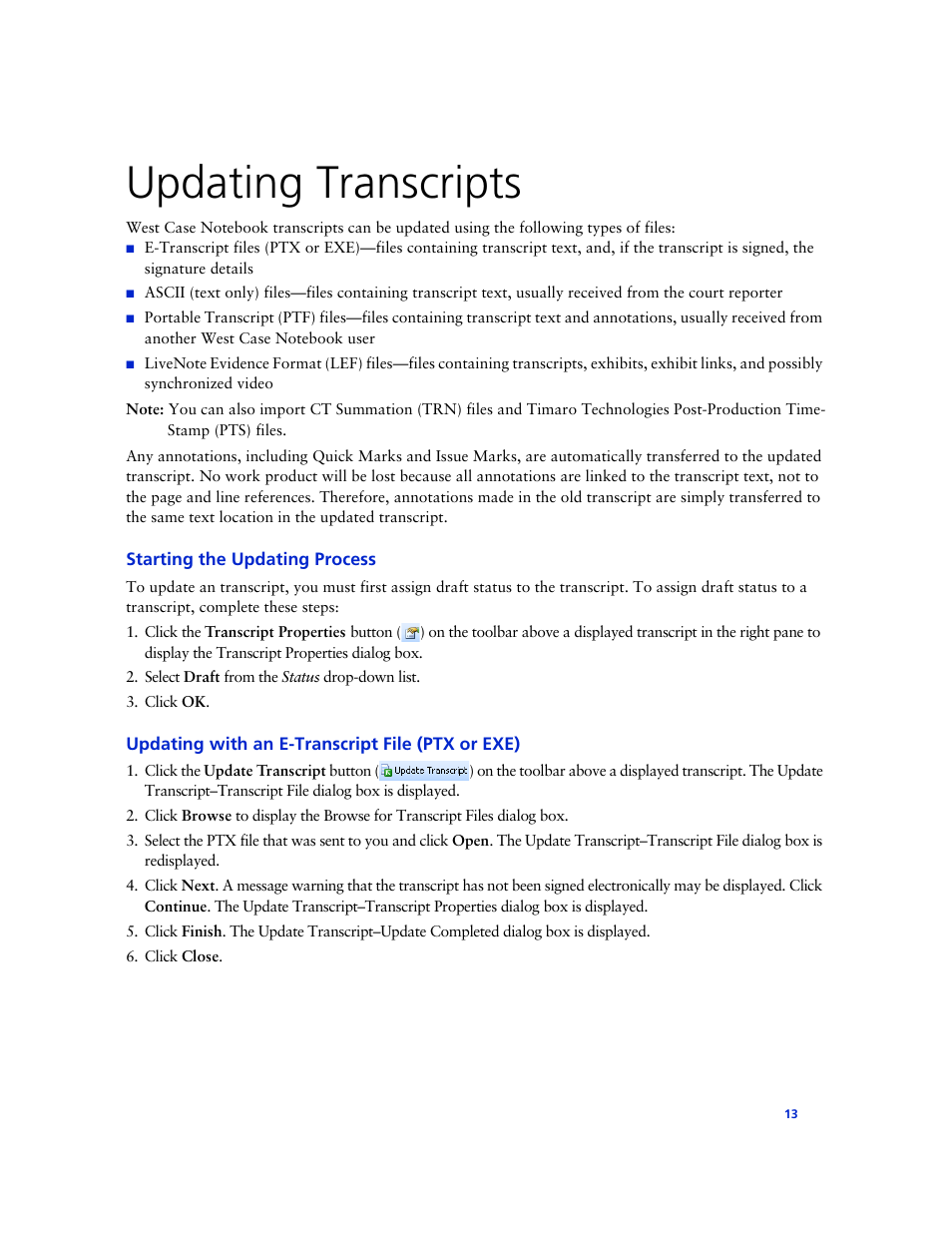 Updating transcripts, Starting the updating process, Updating with an e-transcript file (ptx or exe) | Technicolor - Thomson West Case Notebook User Manual | Page 21 / 80