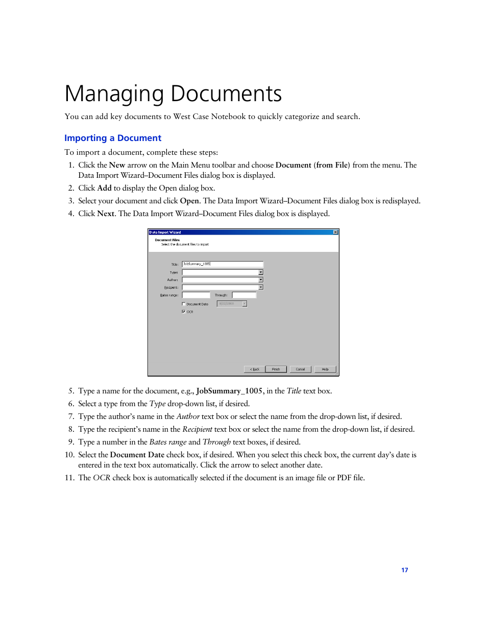 Managing documents, Importing a document | Technicolor - Thomson West Case Notebook User Manual | Page 25 / 80