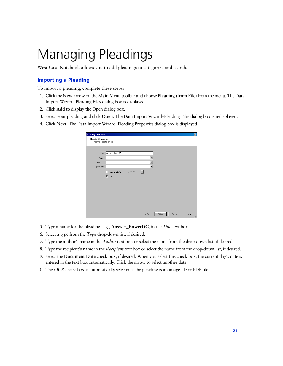 Managing pleadings, Importing a pleading | Technicolor - Thomson West Case Notebook User Manual | Page 29 / 80