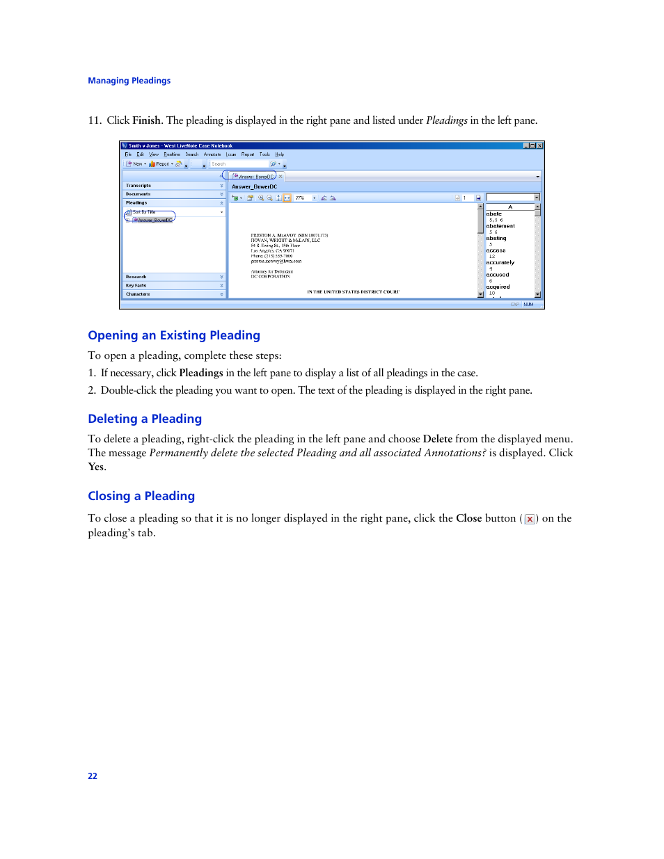 Opening an existing pleading, Deleting a pleading, Closing a pleading | Technicolor - Thomson West Case Notebook User Manual | Page 30 / 80