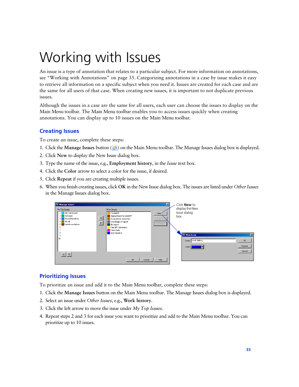 Working with issues, Creating issues, Prioritizing issues | Technicolor - Thomson West Case Notebook User Manual | Page 41 / 80